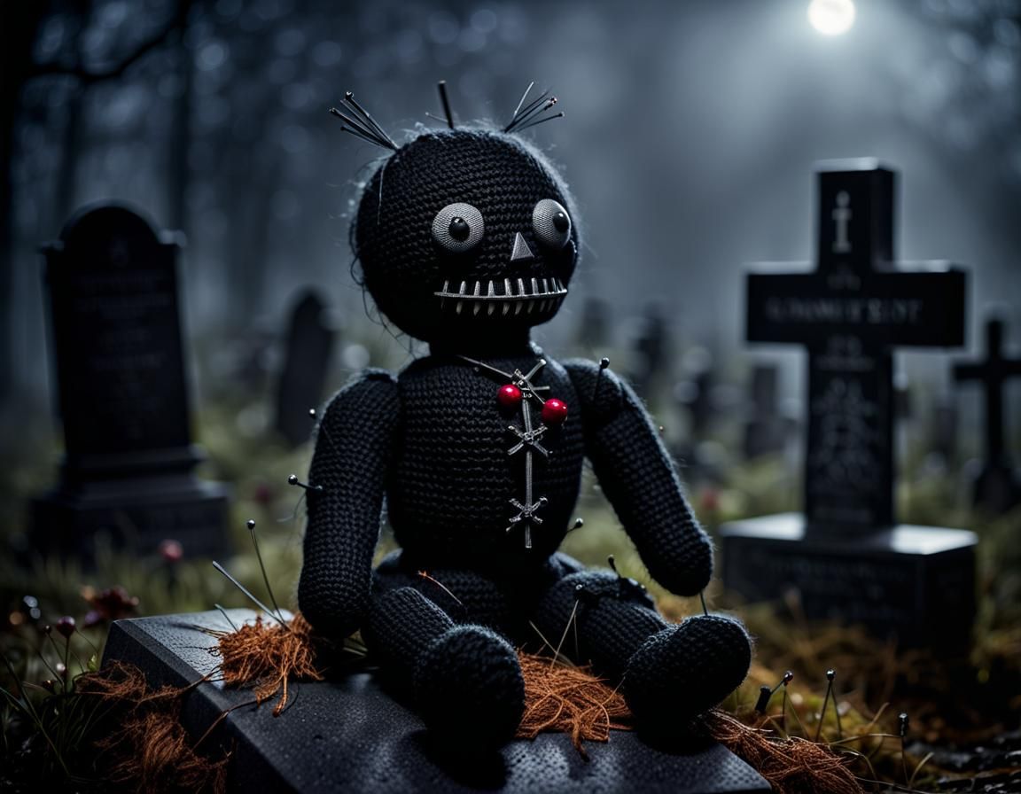Creepy Voodoo Doll Leaning on Gravestone at Night