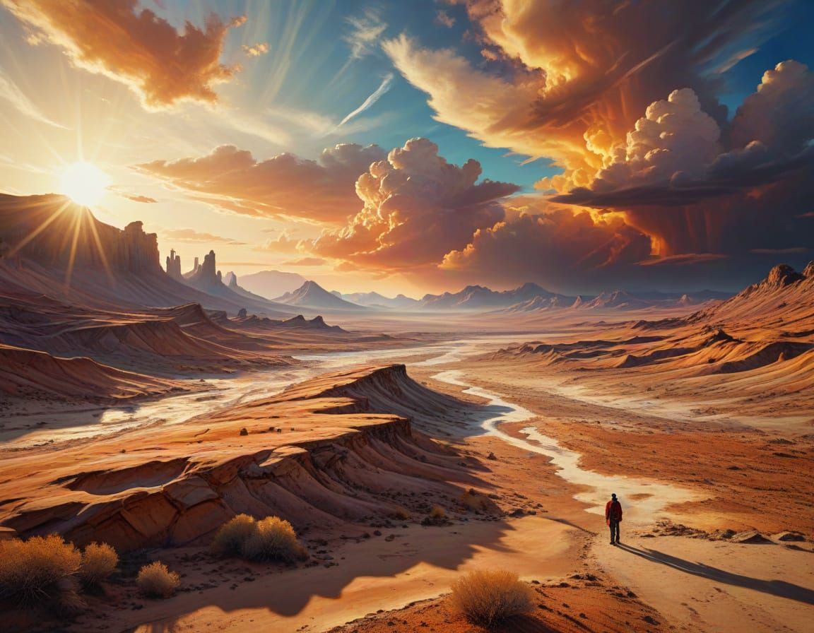 Desert Solitude: Surreal Oil Painting at Golden Hour