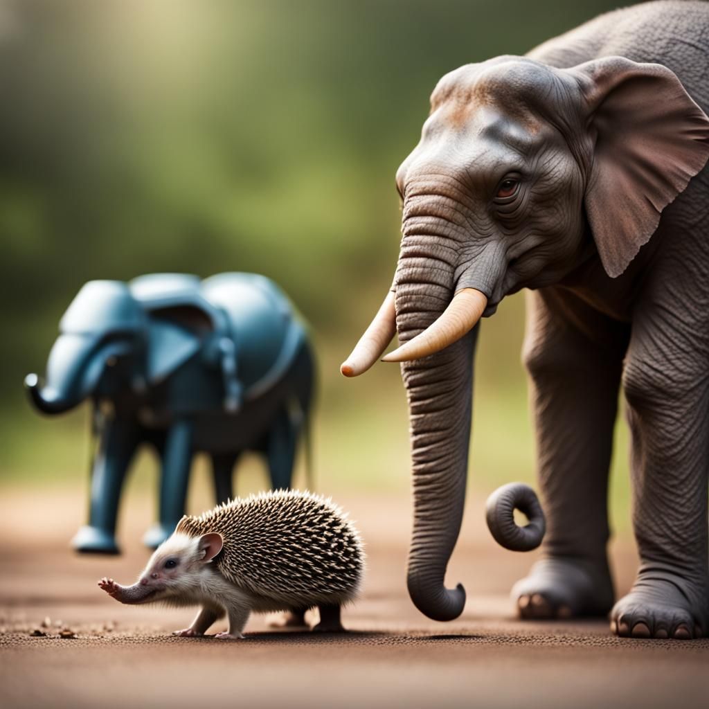 Muscular Elephant and Hedgehog in Sharp Focus