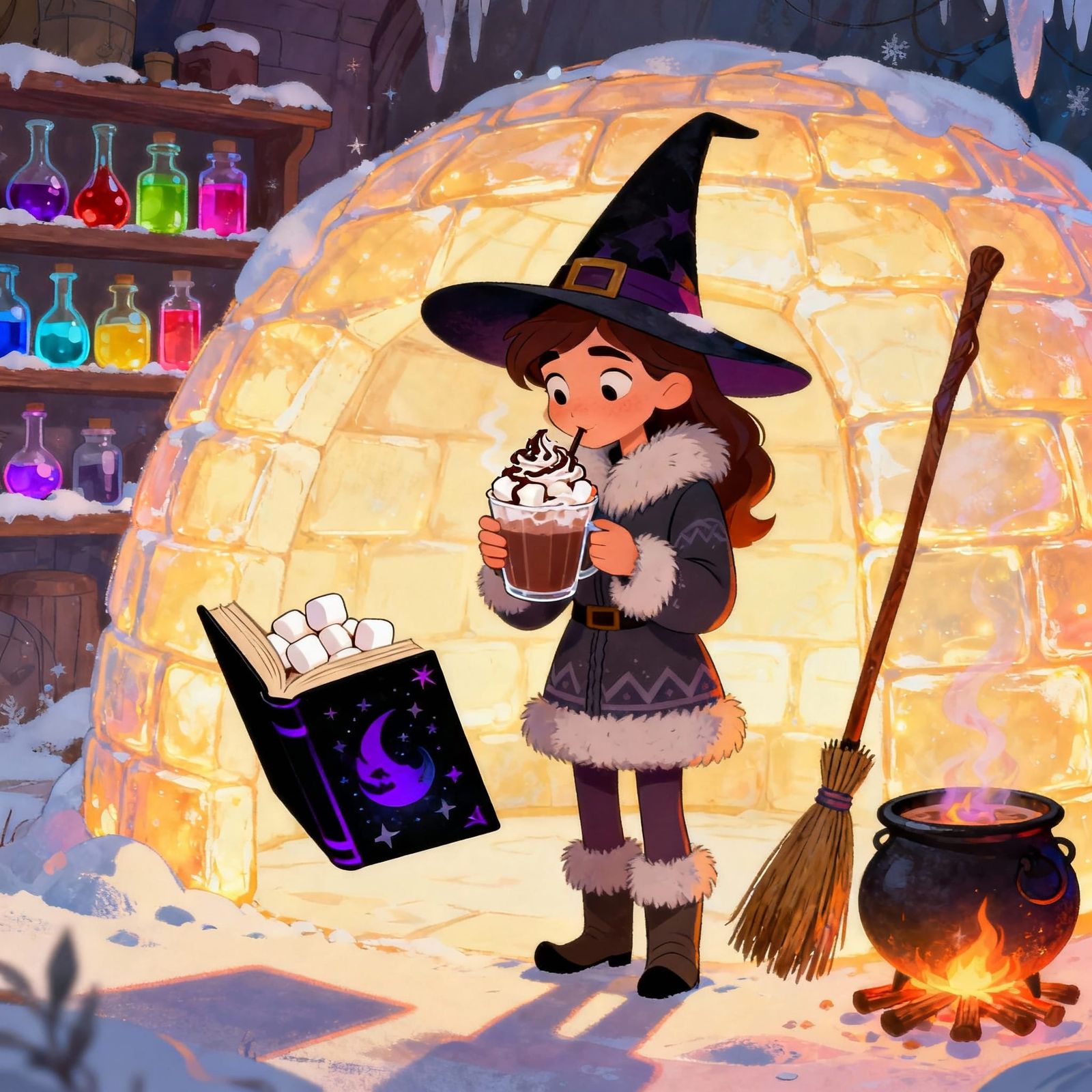 Witch Enjoys Hot Cocoa in a Glowing Igloo