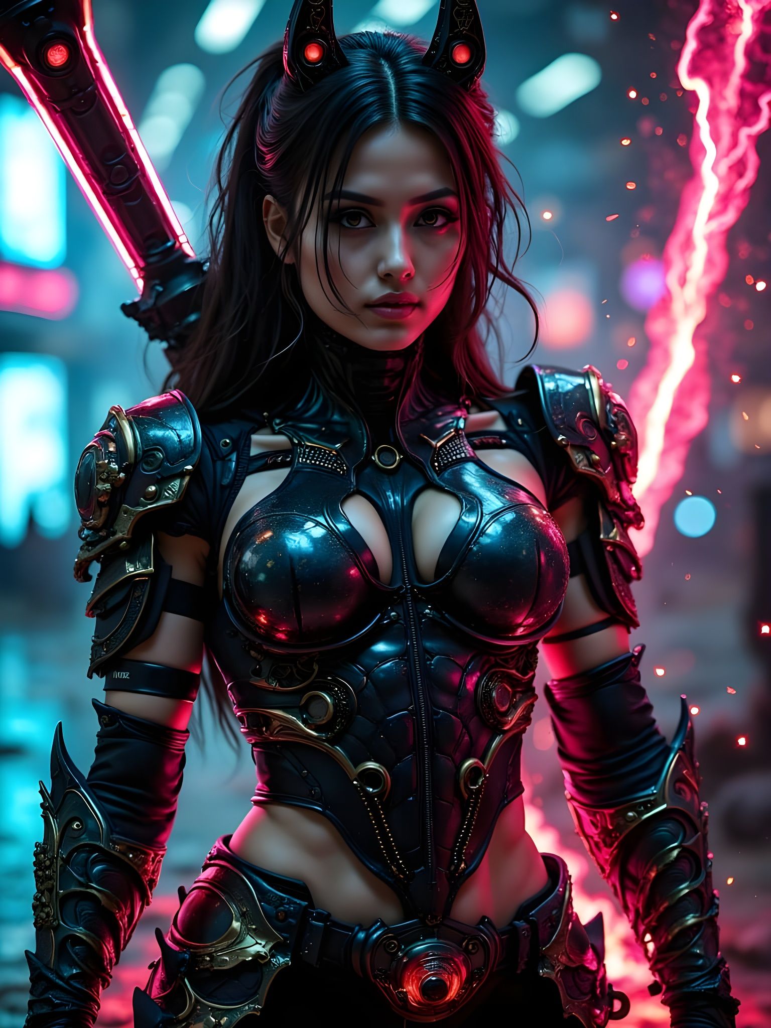 Glowing Cyberpunk Samurai Warrior in Mysterious Neon Armor
