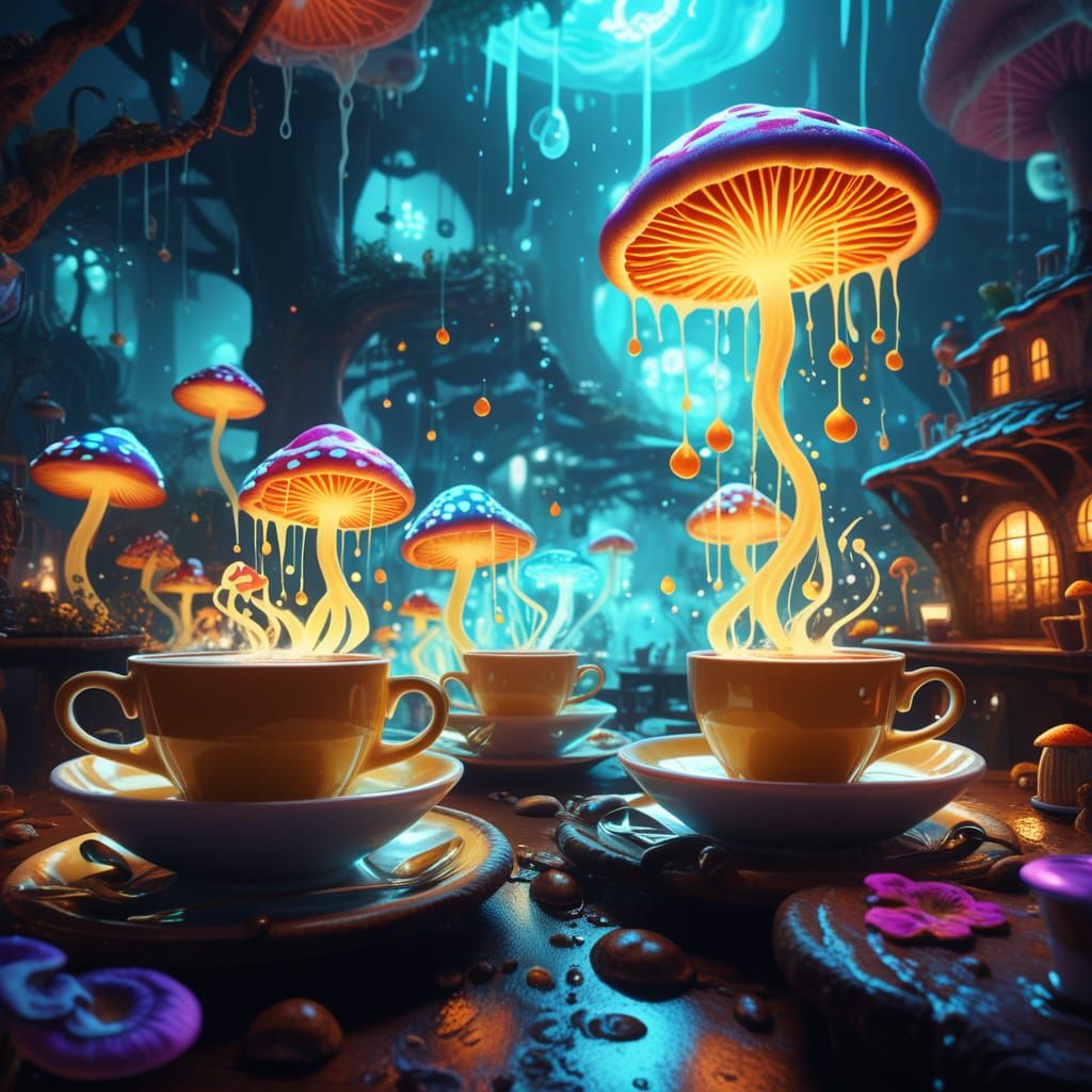 Magical Mushroom Cafe With Floating Coffee Mugs