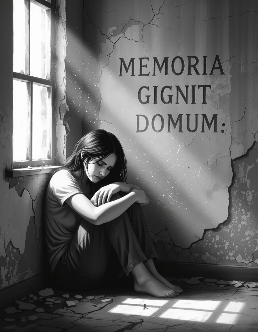 Woman in Abandoned Room, Realistic Cinematic Illustration