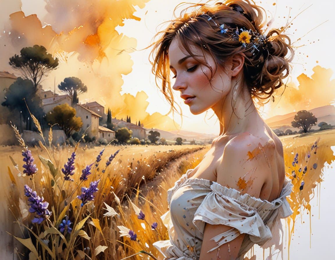 Golden Provence Fields in Watercolor Style