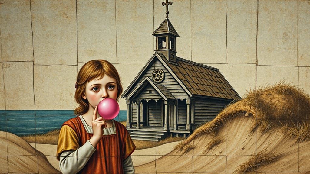 Medieval Girl Blows Pink Bubblegum in Front of Ancient Churc...