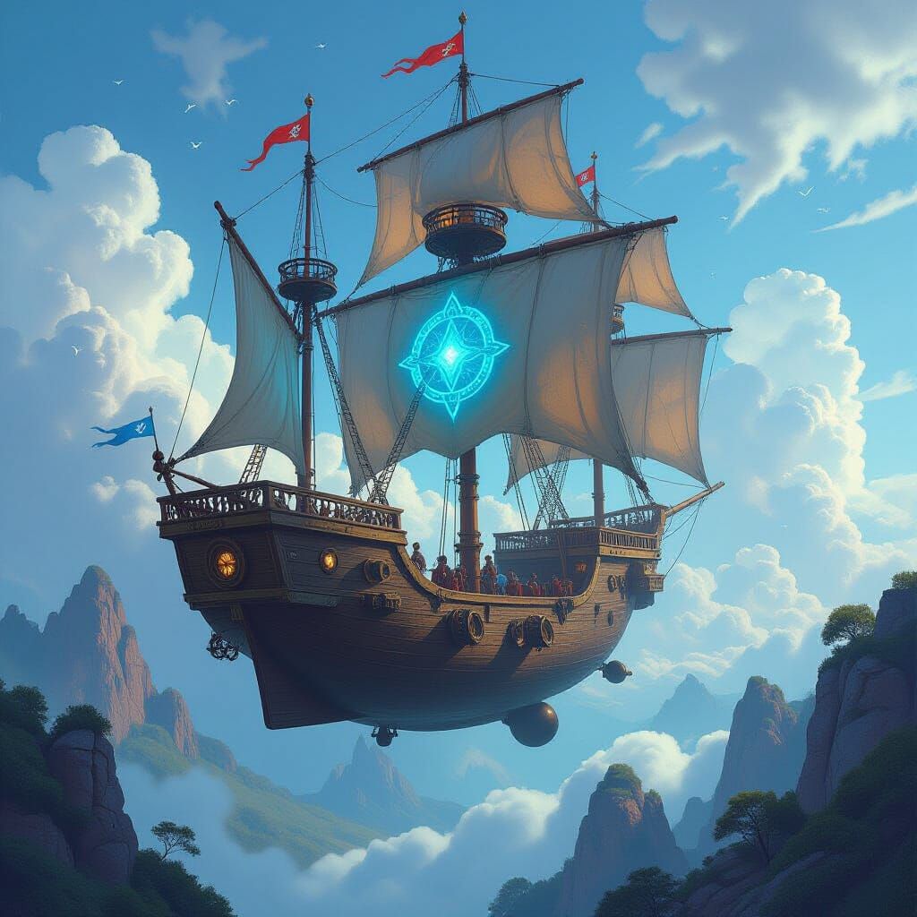 D&D Halrua Skyship in Whimsical Landscape