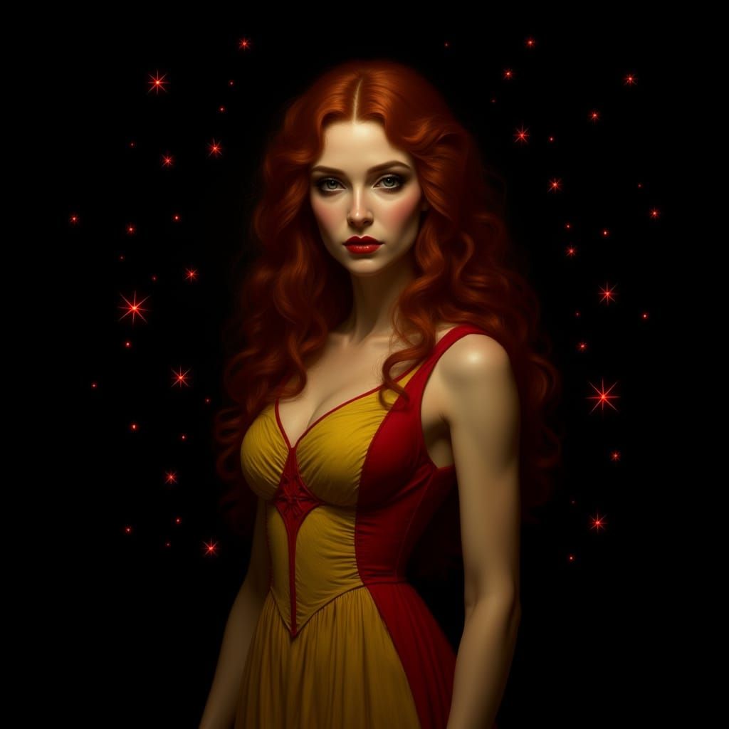 Red Haired Woman in Gown Amidst Crystal Sparkle