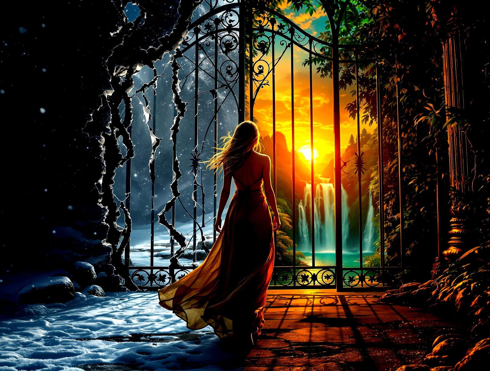 Enigmatic Woman Emerges from Shadows into Vibrant Jungle Par...