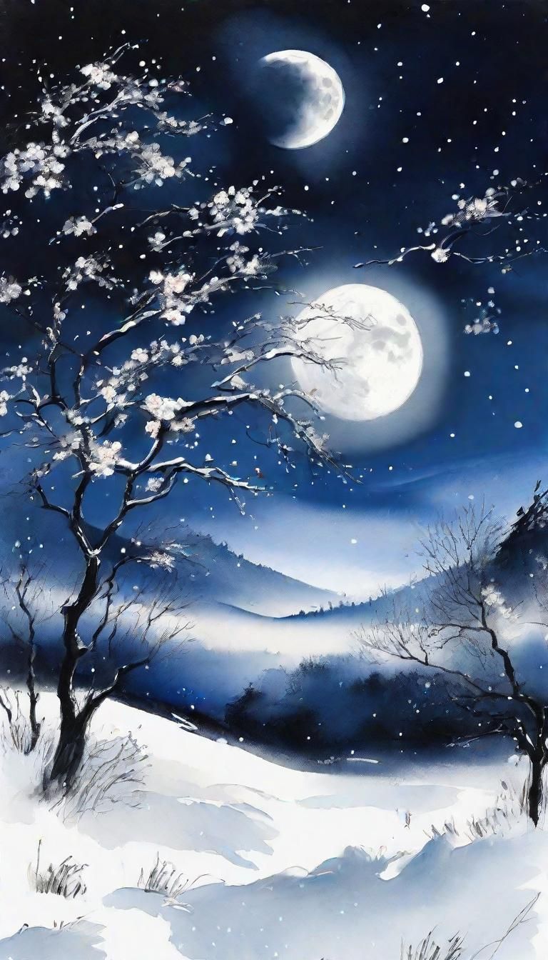 Ink Painting of Wind, Flowers, Snow, and Moon