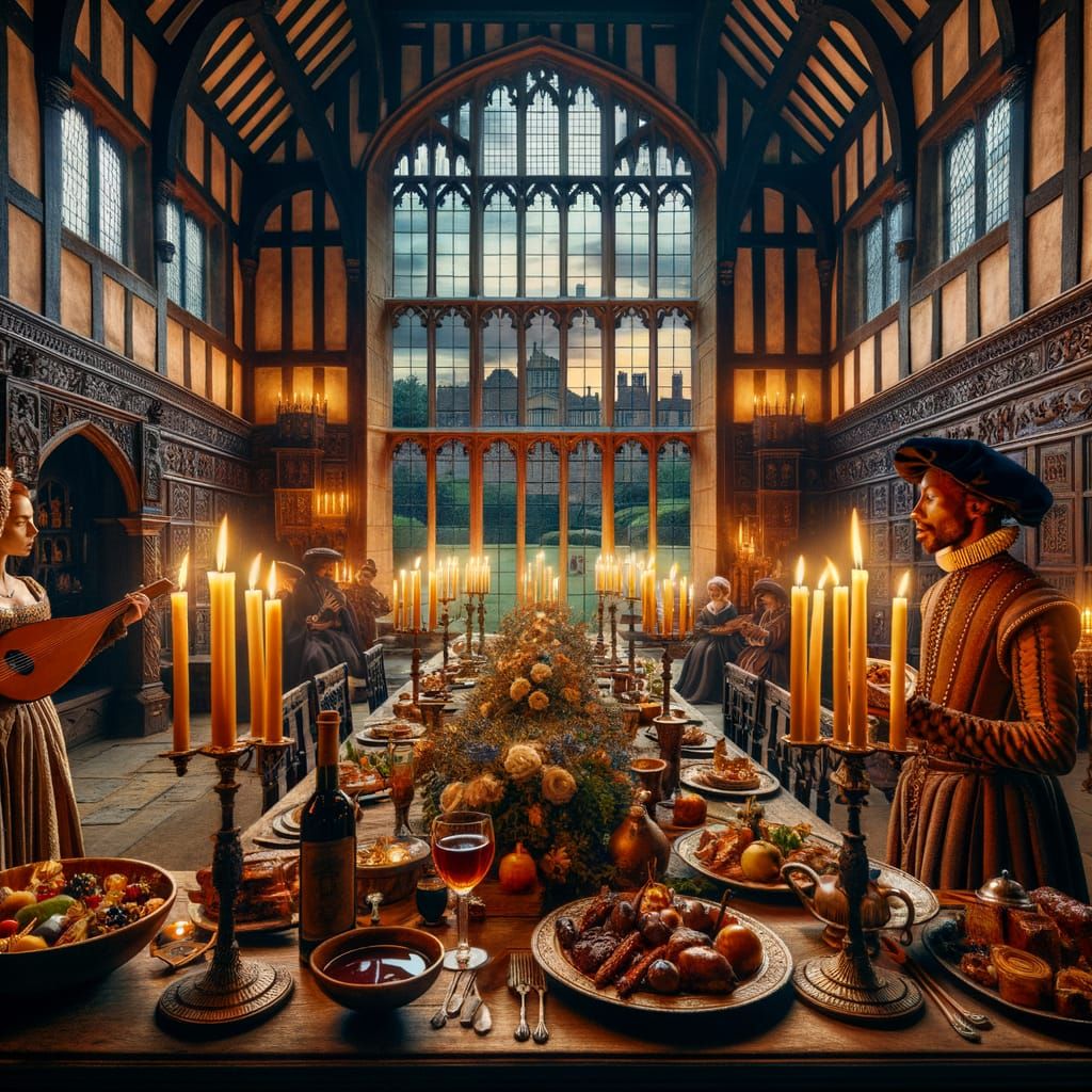 Tudor Era Grand Hall with Diverse Servants