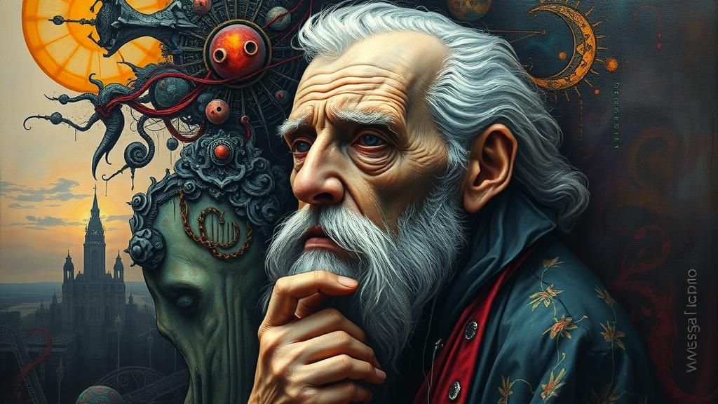 Surreal Wise Elder in Dystopian Automatism Style