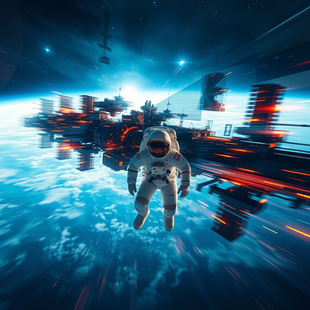 Astronaut Drifts Through Cosmic Space Station