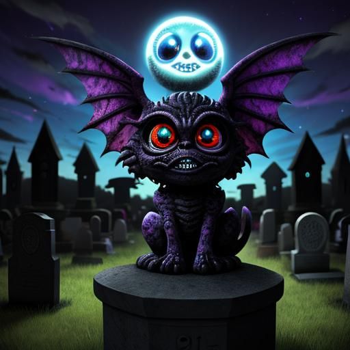 Psychedelic Chibi Gargoyle on Tombstone in 3D