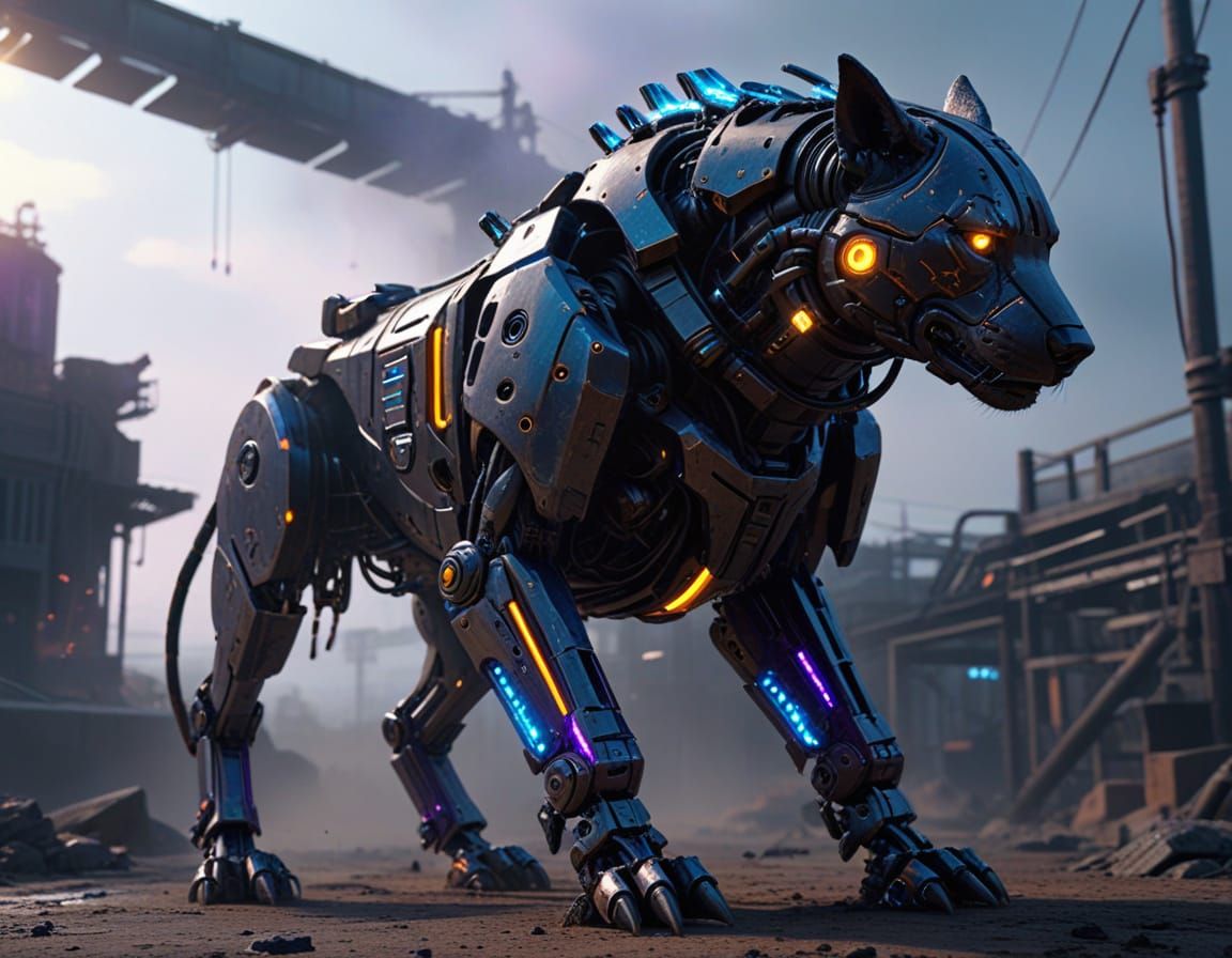 Cyberpunk Mecha Dog in Neon Noir Style