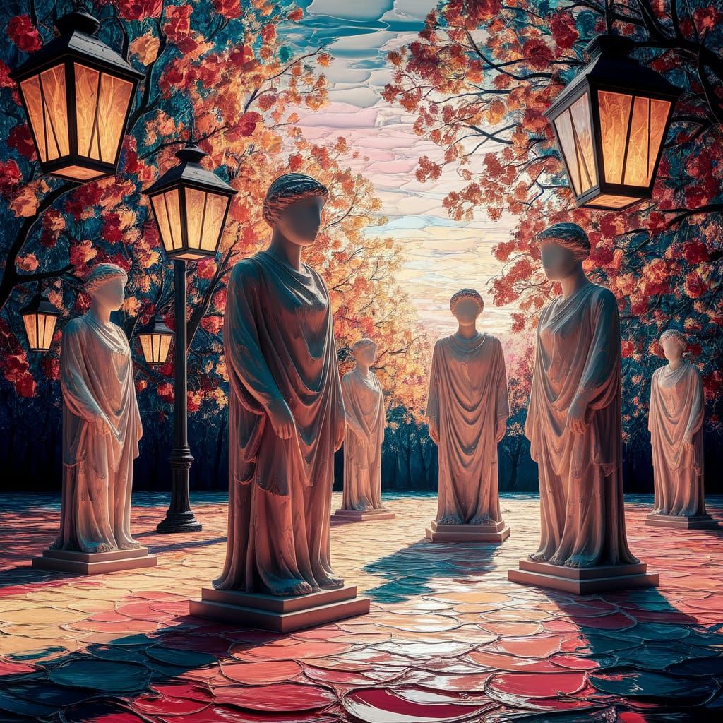Serene Statues in a Dreamlike Neo-Impressionist Park Scene