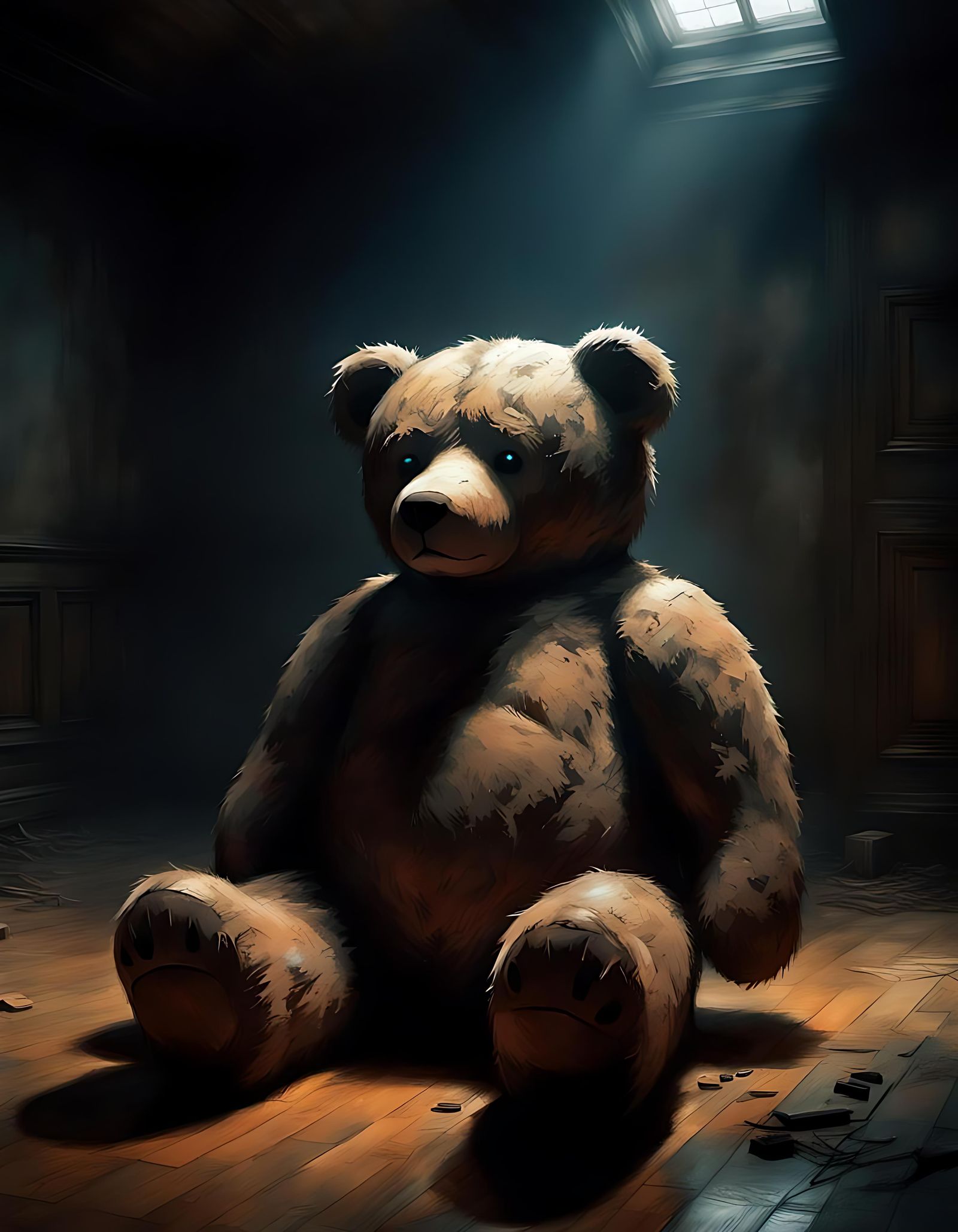 Unsettling Teddy Bear in Dark Room, Digital Art