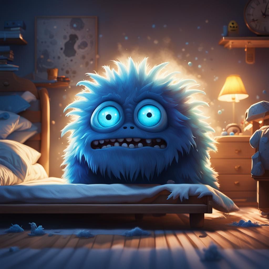 Fluffy Blue Cyclops Monster Emerging from Under Bed