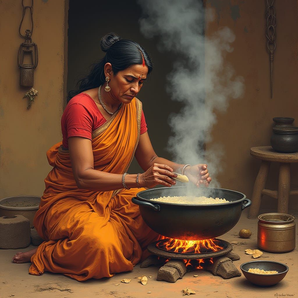 Indian Village Mother Cooking, Impressionistic Style