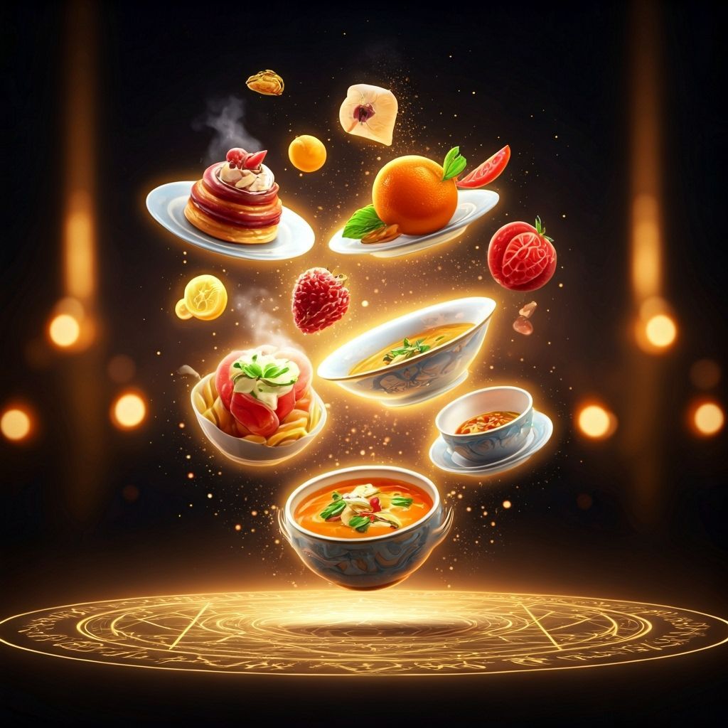Magical Levitating Food Scene with Glowing Dishes
