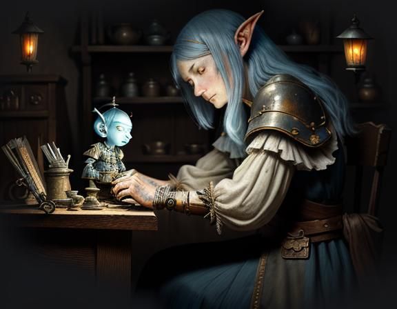 Gnome Repairing Automaton in Dark Fantasy Illustration