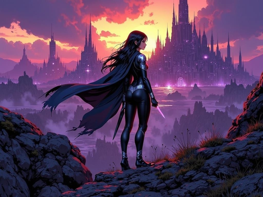 Elf Scout Gazing at Crystal City, Dark Fantasy Art