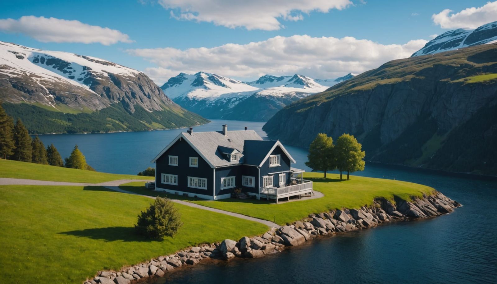 Swedish House with Snowy Mountain Backdrop, Digital Art