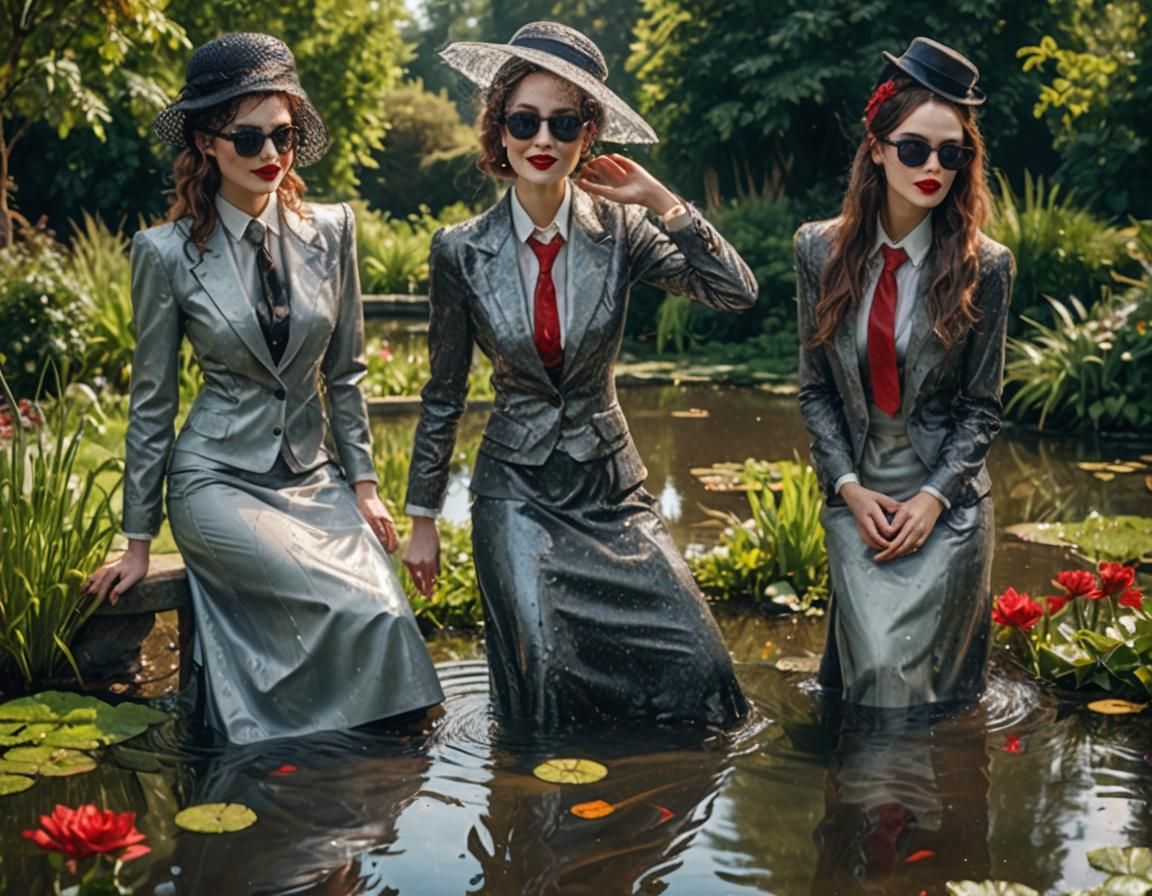 Glamorous Women in Edwardian Suits Stand in Pond
