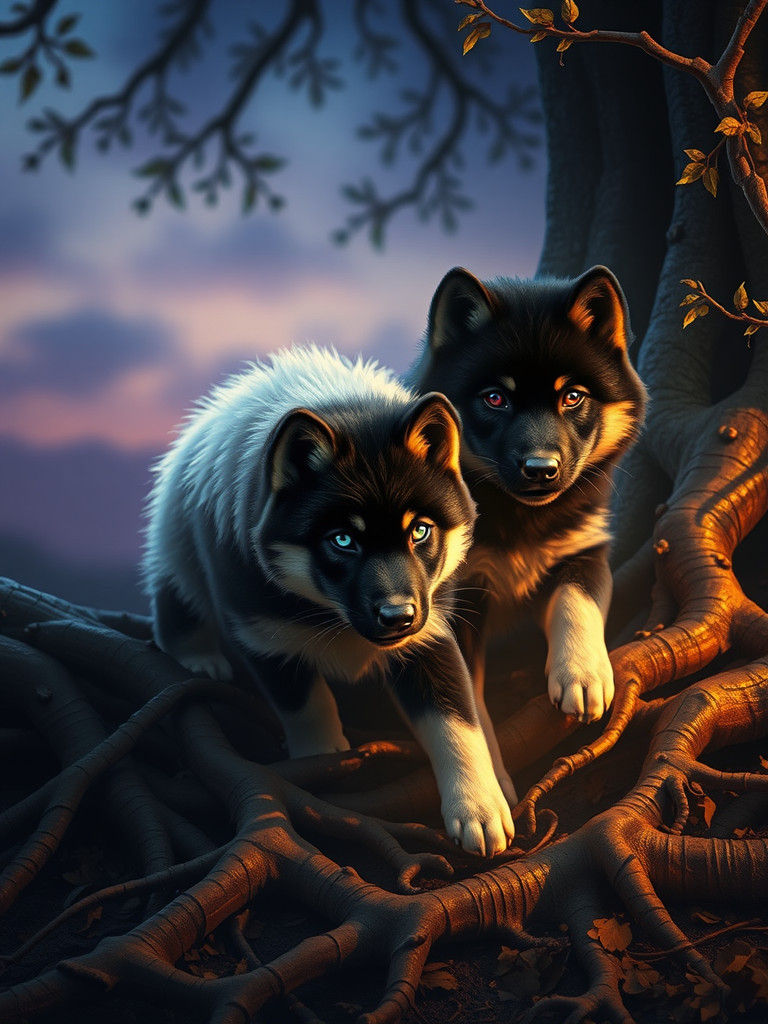 Mystical Twilight Wolf Pups in Digital Painting Style