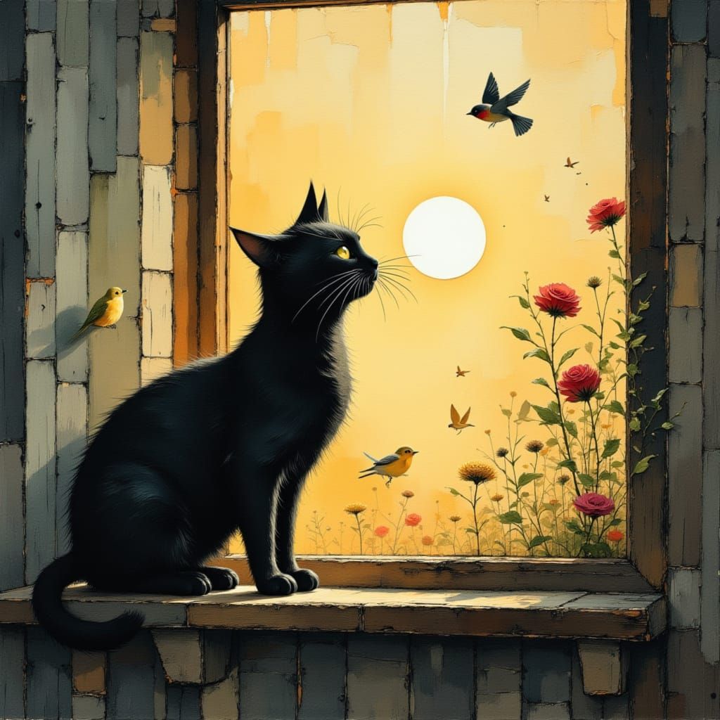 Dreamlike Watercolor of a Cat at Sunrise