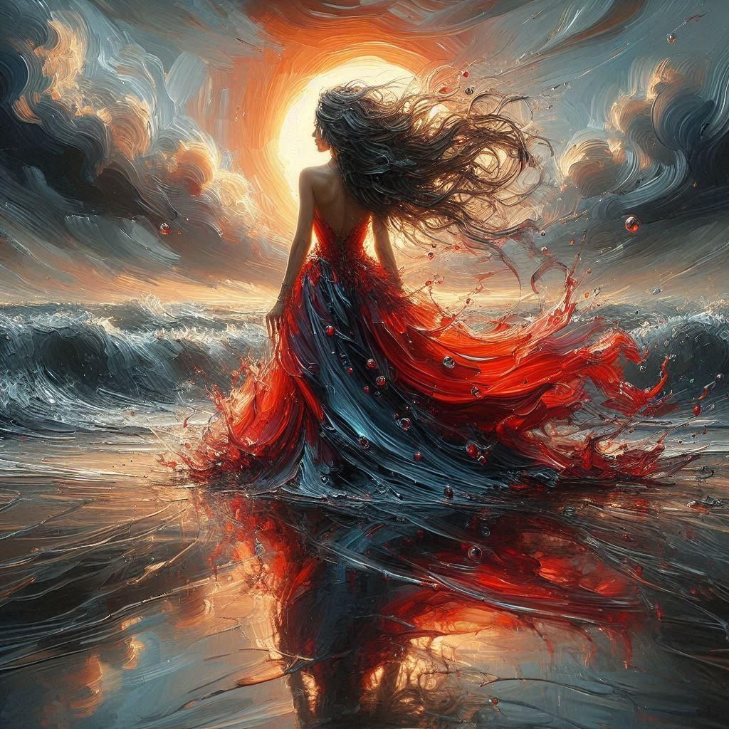 Vibrant Red Dress in Oil Paint Style