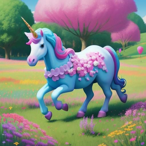 Unicorn in Meadow: Candy Art Style, Digital Illustration