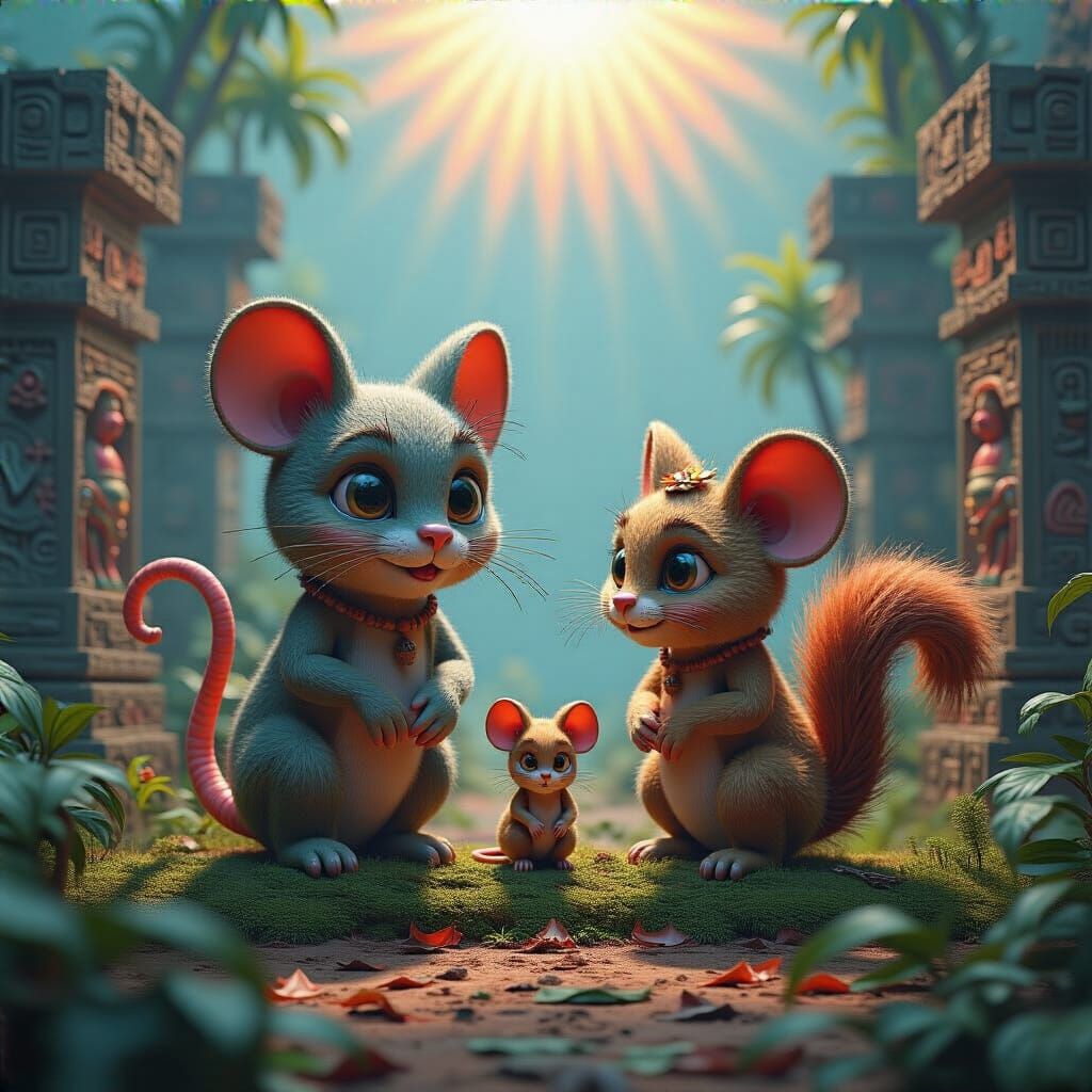 Mayan Mythology with Whimsical Kitty-Mouse and Squirrel-Mous...