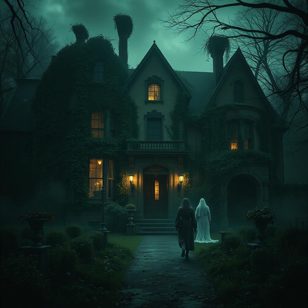 Eerie Mansion with Specters in Romanticism Style