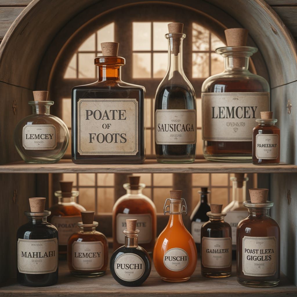 Rustic Wooden Shelf Filled with Vintage Glass Bottles and Wh...