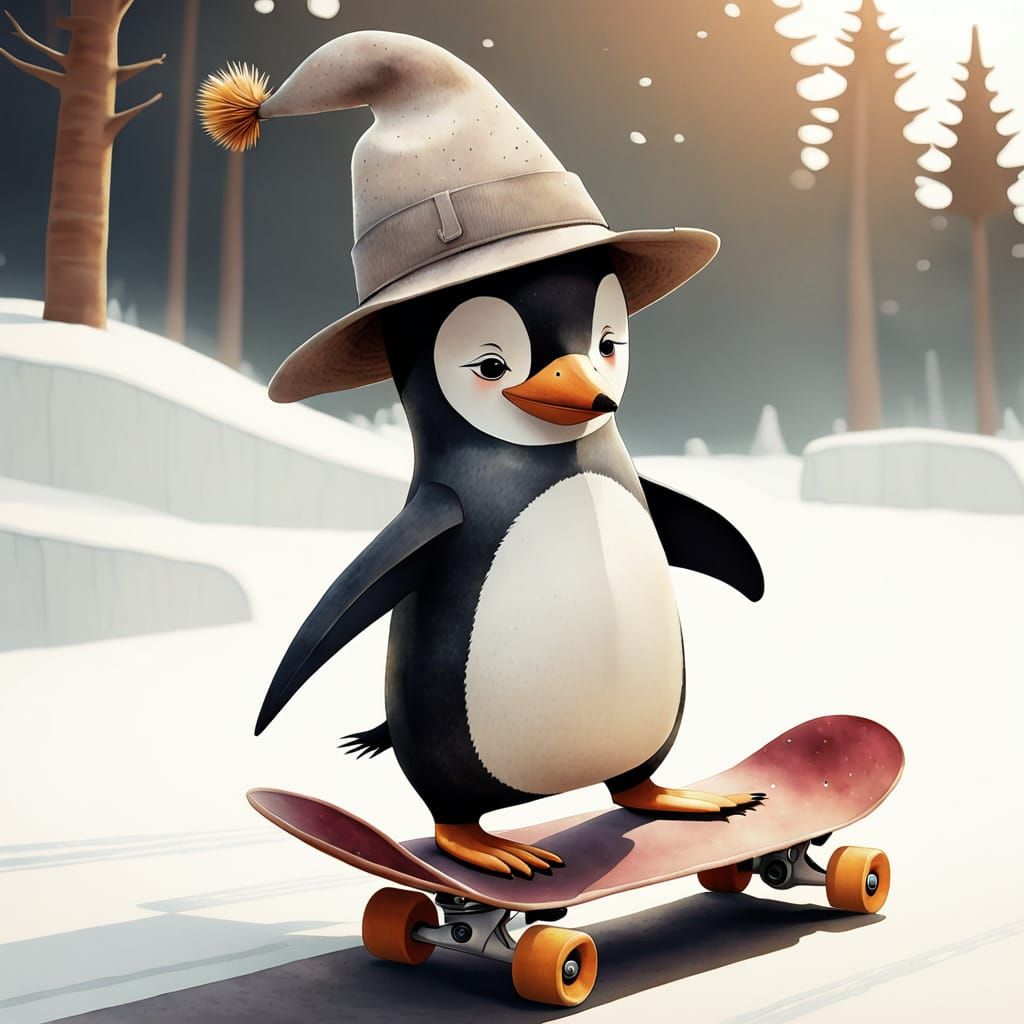 Penguin Skateboarder in Jon Klassen Cartoon Style