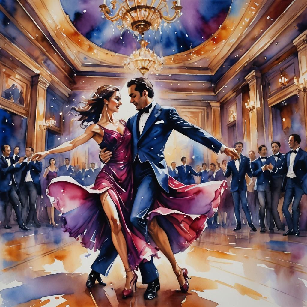 Dynamic Tango Dancers in Watercolor Painting