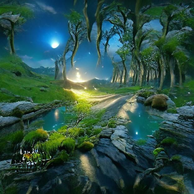 Moonlit Forest Road in Fantasy Landscape