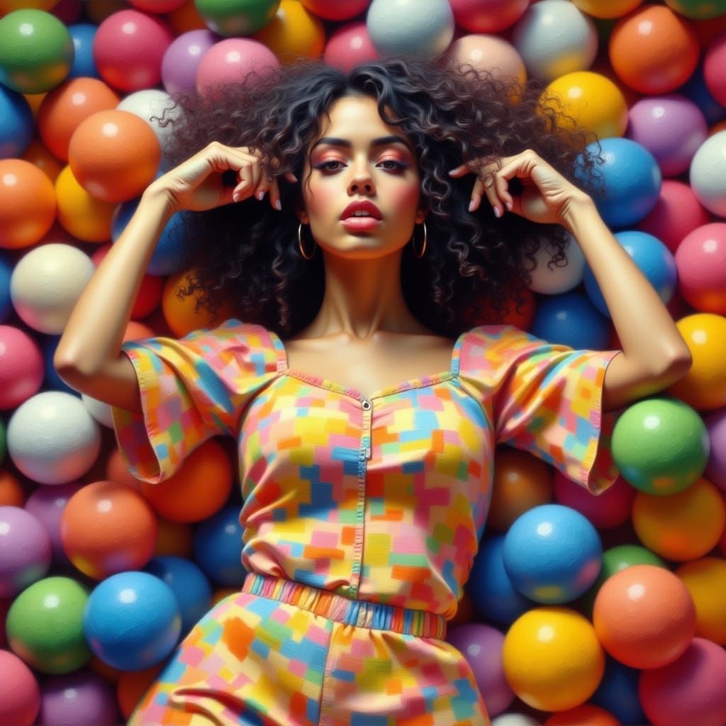Fashion Model Poses in a Vibrant Ball Pit