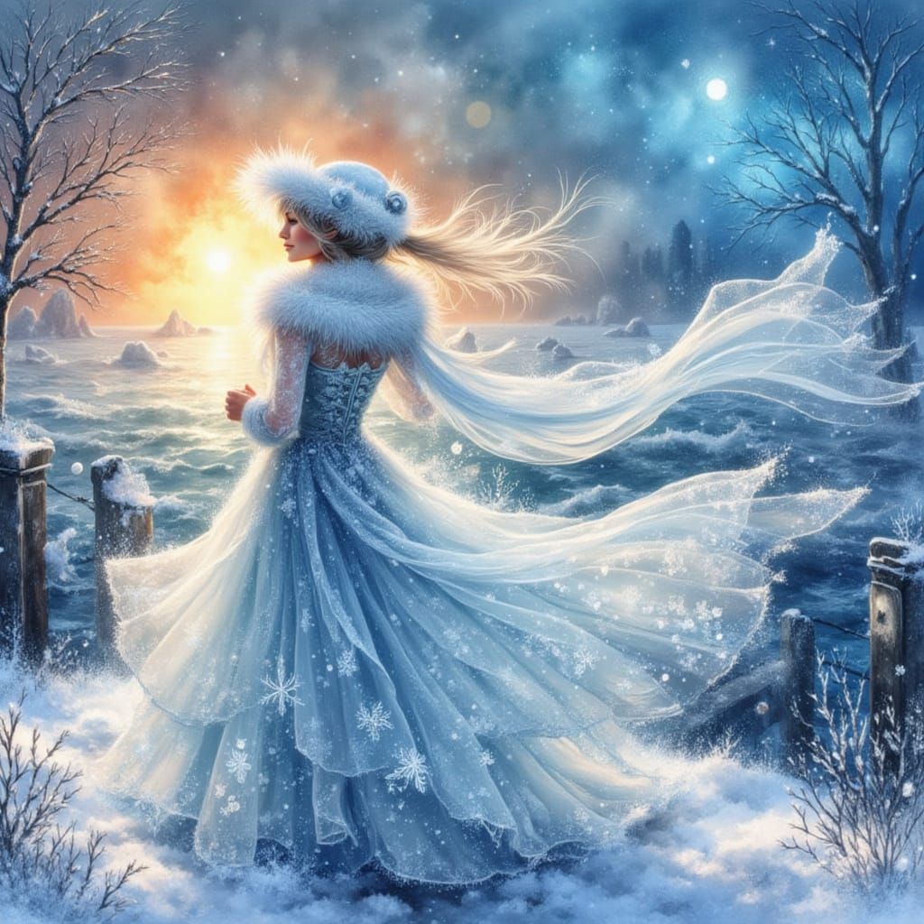 Ethereal Winter Gale: Woman on Icy Pier