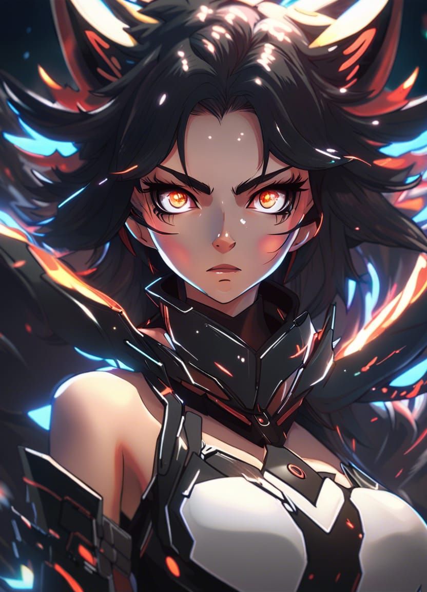 Furious Anime Mecha Girl with Piercing Gaze