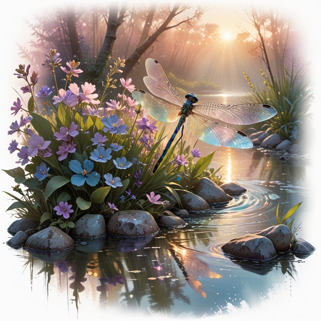 Delicate Dragonfly Over a Crystal Brook in Ethereal Morning ...