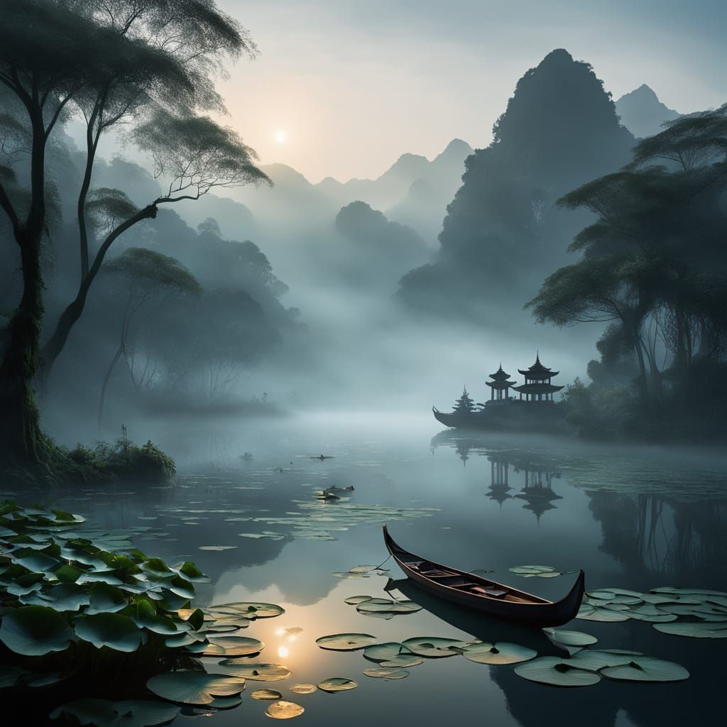 Enchanted Gilded Boat on Misty Lake at Dawn