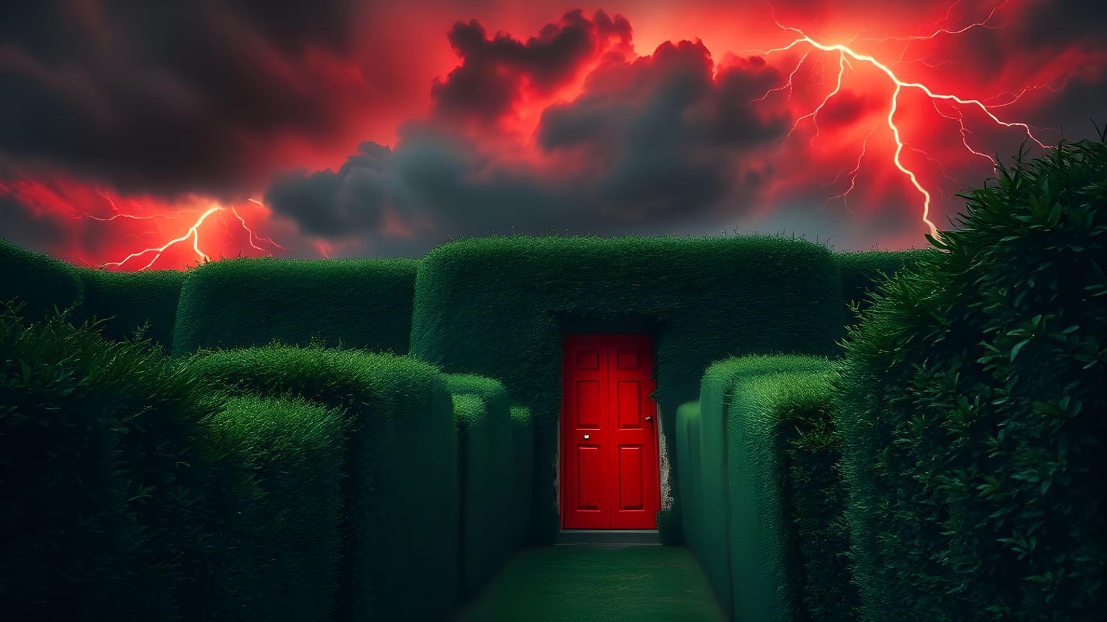 Surreal Red Door in a Stormy Hedge Maze
