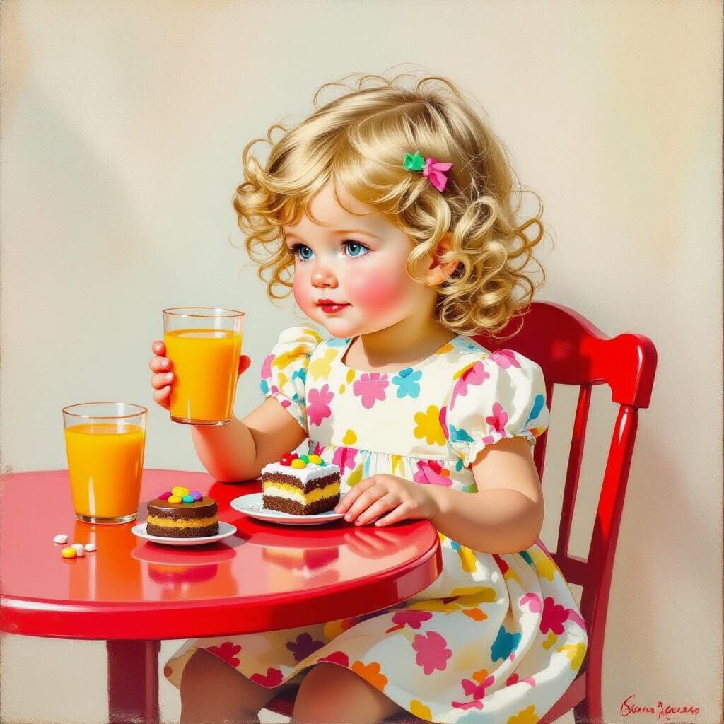 Girl Enjoying Treats in Whimsical Dreamscape