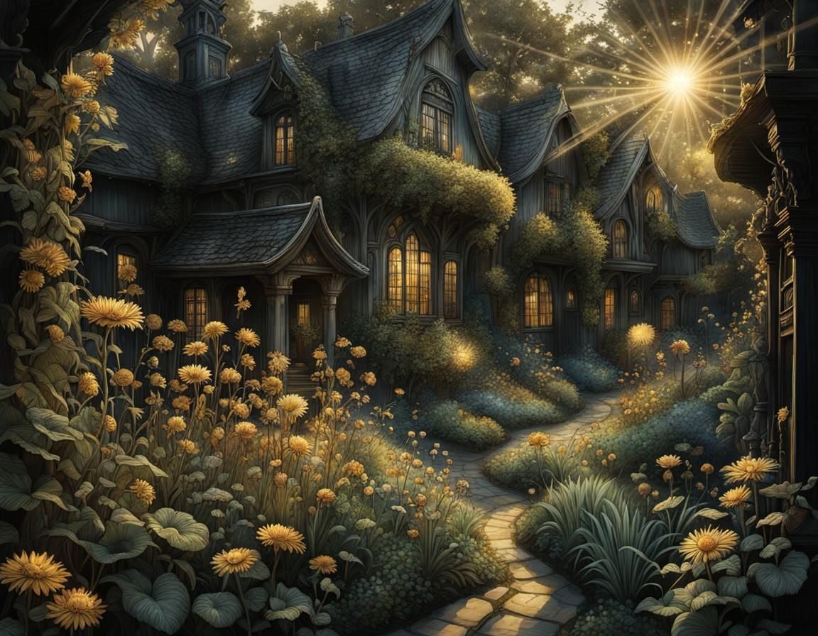 Sunlit Garden in Dark Backyard: Fantasy Illustration