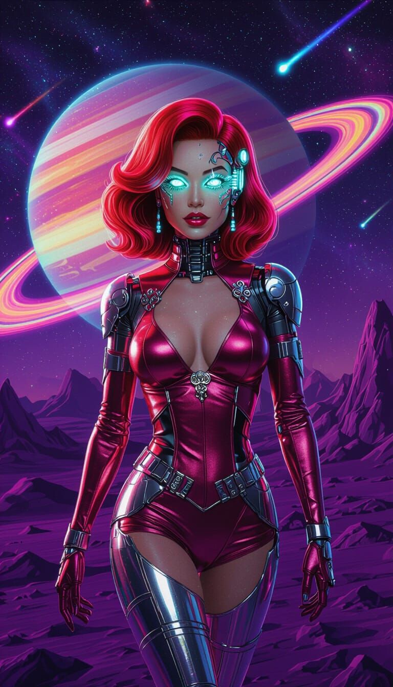 Retrowave Cyborg Portrait on Alien Planet
