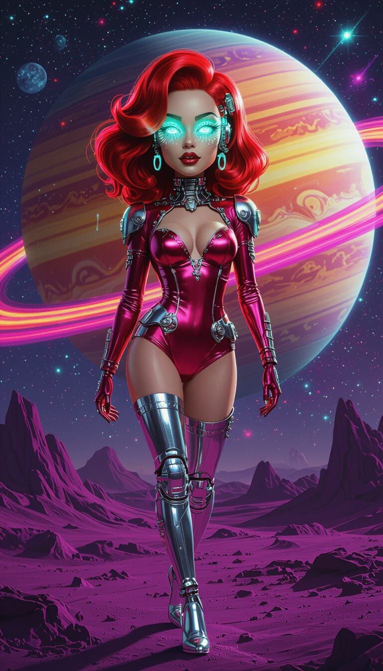 Retrowave Cyborg Portrait on Alien Planet