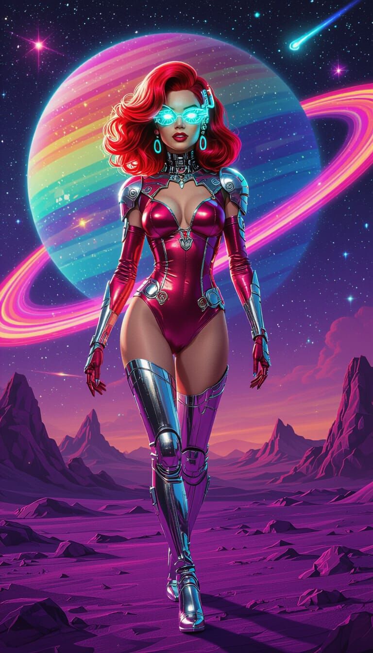 Atomic Age Retrowave Cyborg Portrait with Neon Saturn