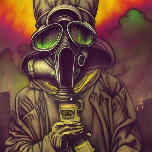 Gas Mask Plague Doctor in Rainbow Dreamscape