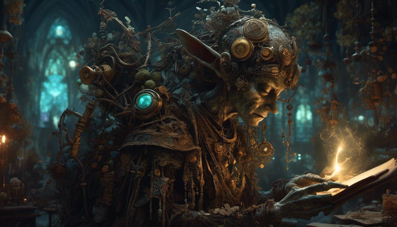 Steampunk Goblin Shaman Silhouette with Glowing Runes